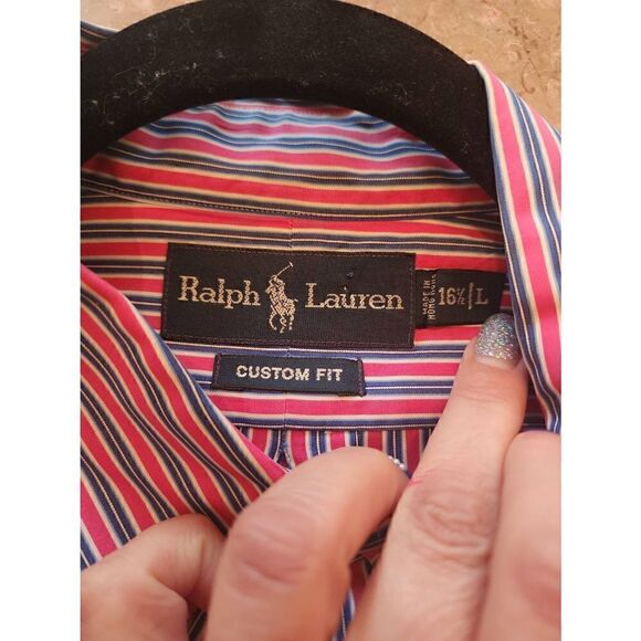 Ralph Lauren men's blue pink and white striped button down collared custom fit d - Picture 3 of 9